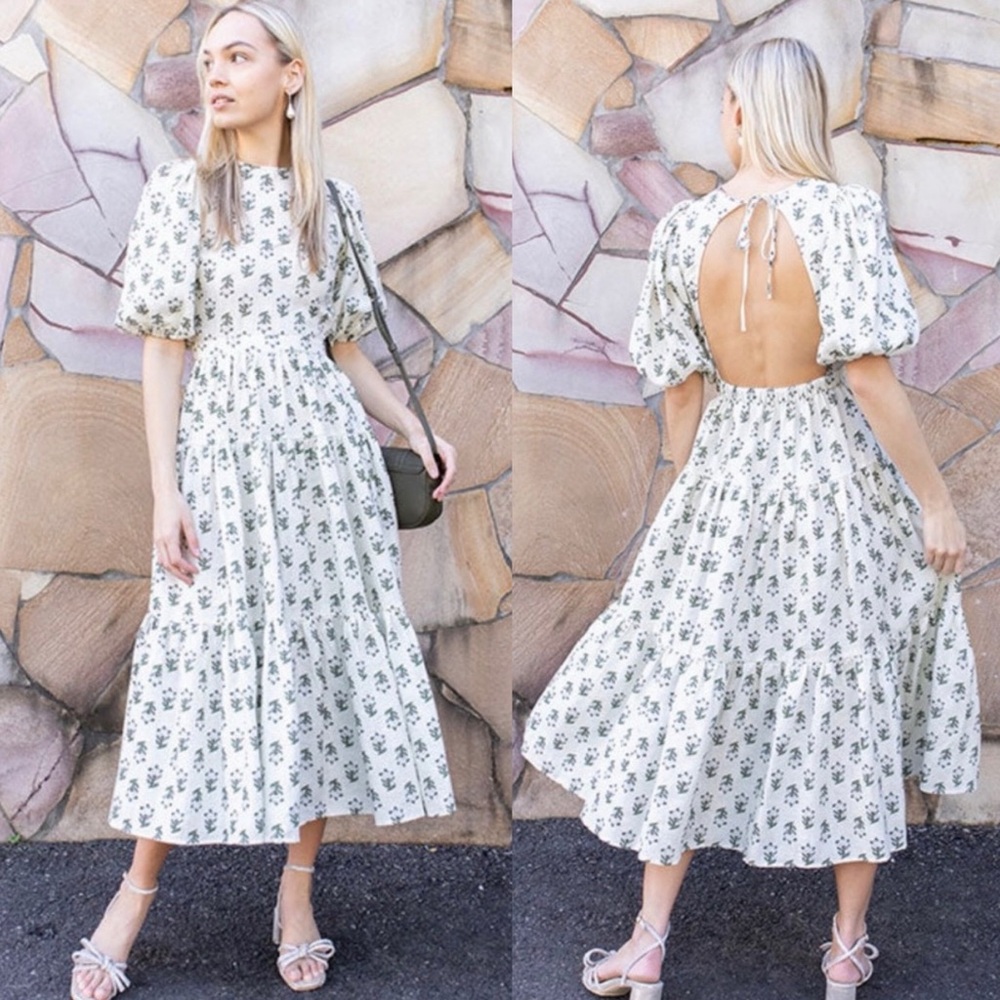 NEW | RHODE | Maryam Dress 100% Linen Puff Sleeve, Marigold Block Print